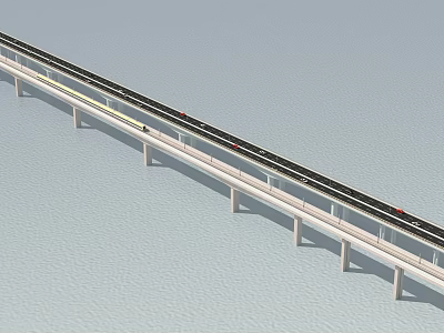 Long Bridge Over Water With Concrete Pillars Multiple Lanes And Vehicle Traffic 3d model