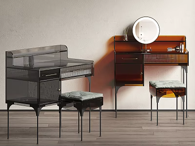 Modern Vanity Tables With Transparent Glass Design Mirror And Wooden Stools On Floor 3d model