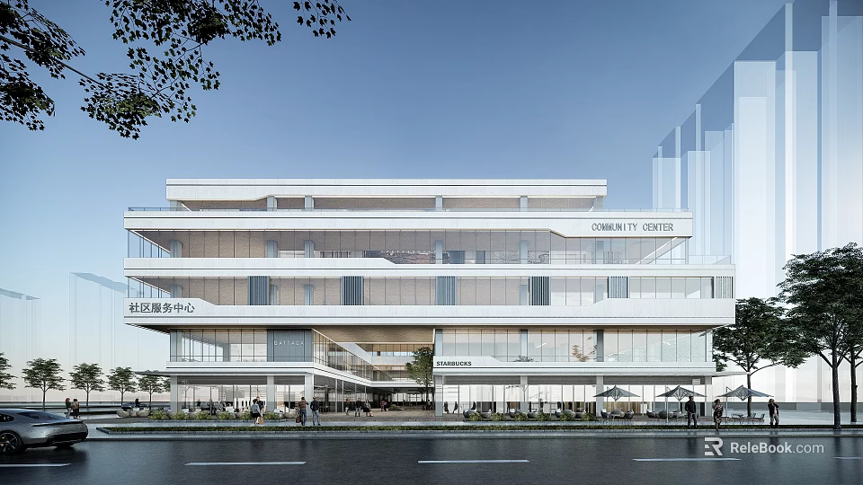 Modern Community Center Building With Glass Facade And Urban Street View 3d model