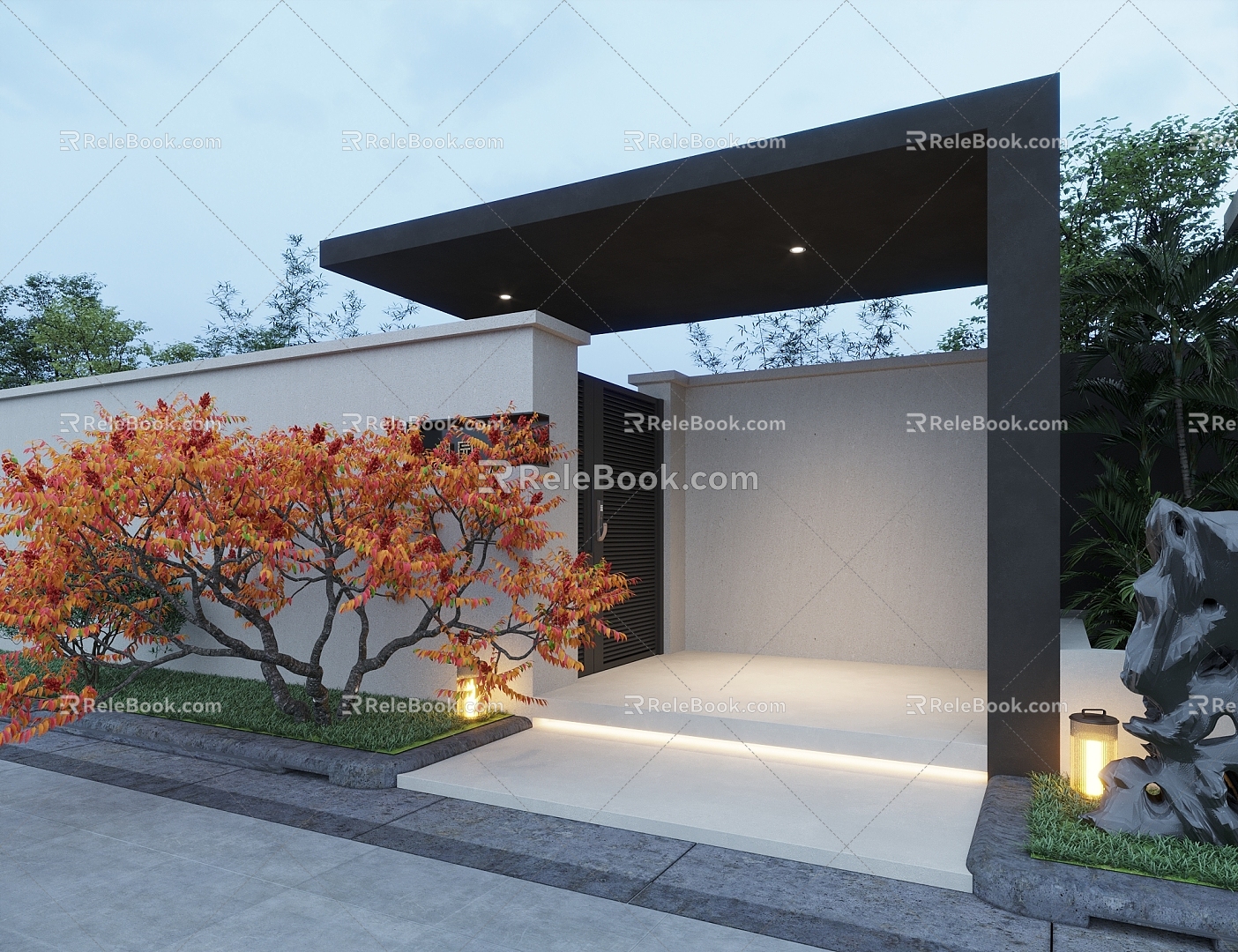 Home Courtyard Door Head New Chinese Style Door Head Red Maple Landscape Plant Combination model