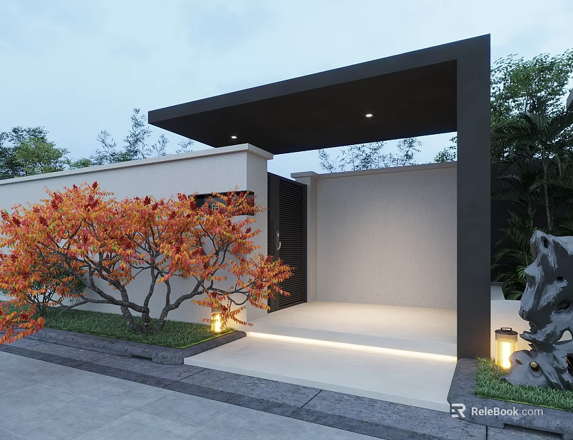 Modern Storefront Facade Entrance With White Wall Black Frame Orange Leaf Tree Outdoor Lighting 3d model 