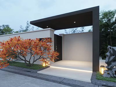Modern Storefront Facade Entrance With White Wall Black Frame Orange Leaf Tree Outdoor Lighting 3d model