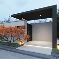 Modern Storefront Facade Entrance With White Wall Black Frame Orange Leaf Tree Outdoor Lighting