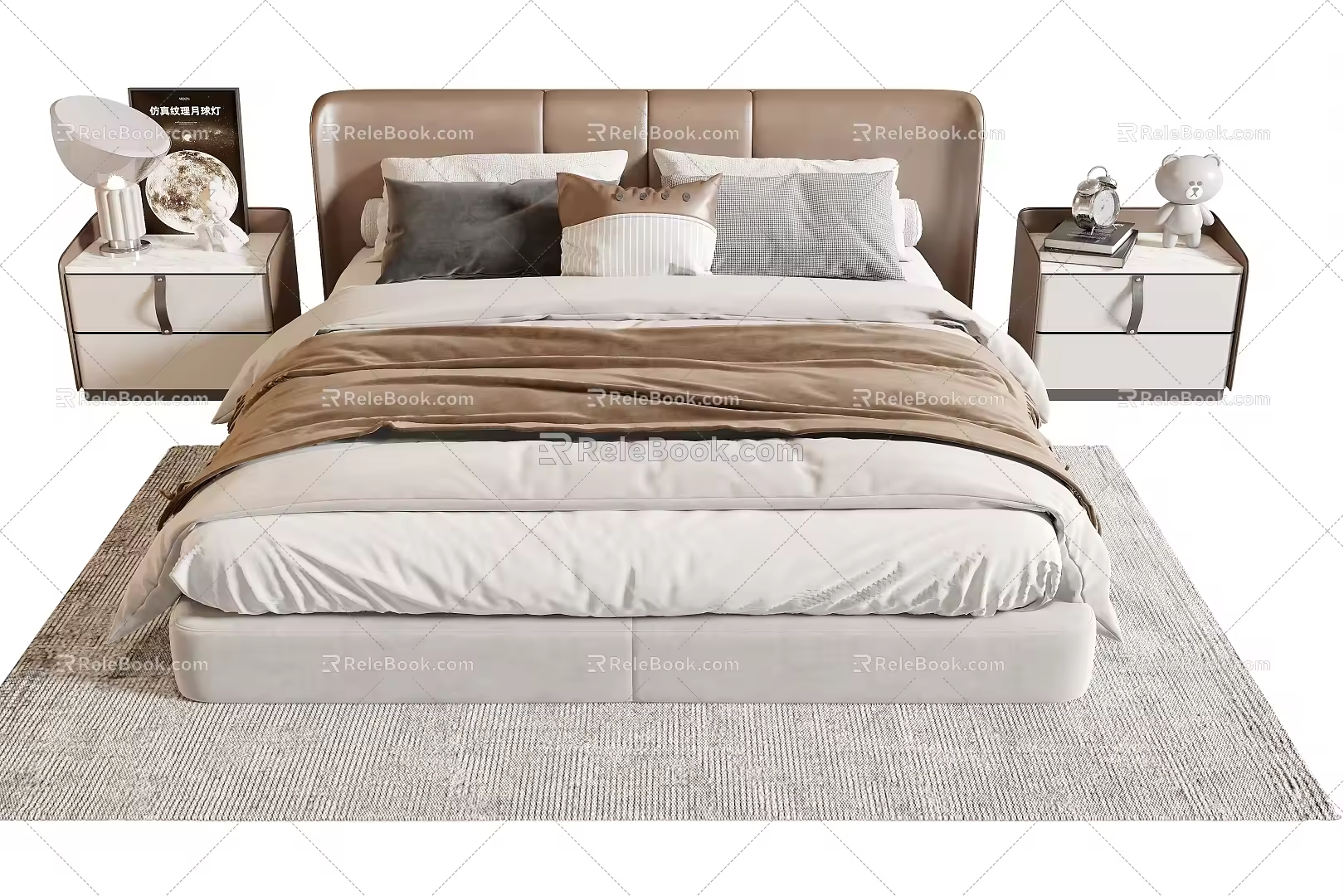 Double Bedside Table Bedding Bed Pillow Table Lamp Stool Carpet 3d model