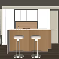 Modern Open Kitchen Interior With White Cabinets Wooden Island Counter And White Bar Stools
