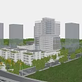 Modern Industrial Park With High Rise Buildings Greenery And Urban Evening Lighting