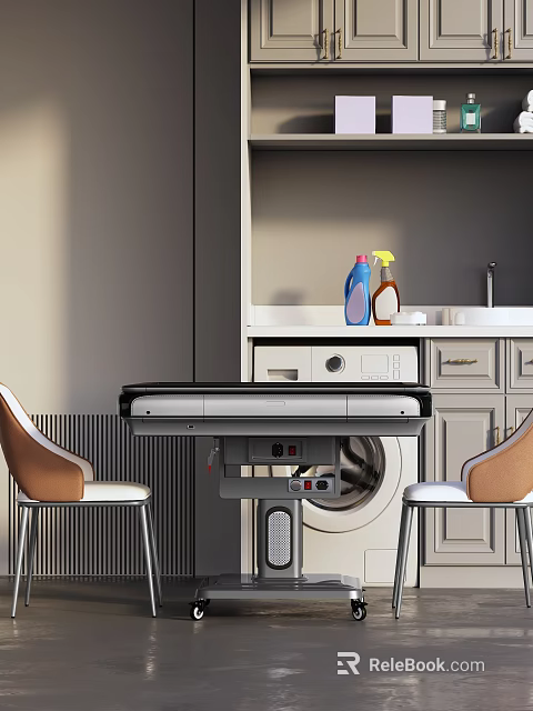 Modern Laundry Room Setup With Folding Table Washing Machine Chairs Cleaning Supplies Cabinets Sink 3d model 