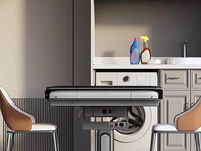 Modern Laundry Room Setup With Folding Table Washing Machine Chairs Cleaning Supplies Cabinets Sink 3d model