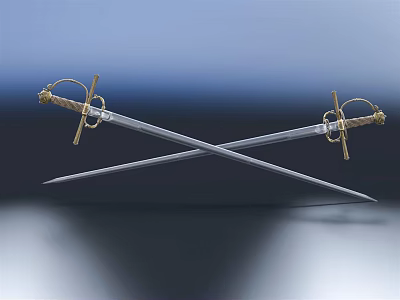 Crossed Swords with Golden Decorative Hilts on Dark Blue Black Gradient Background 3d model