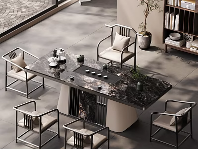 Traditional Tea Room Interior With Marble Top Table Comfortable Chairs And Decorative Plants 3d model