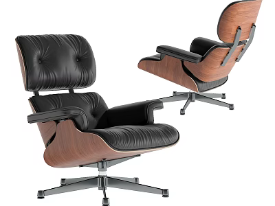 Black Leather Lounge Chair With Wooden Frame And Metal Swivel Base Design 3d model