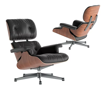 Black Leather Lounge Chair With Wooden Frame And Metal Swivel Base Design 3d model