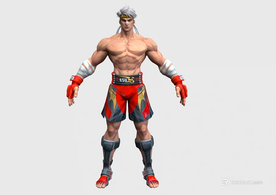 Muscular Shirtless Man In Red Shorts With Wrist Wraps And Knee Pads 3d model 
