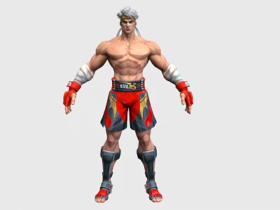 Muscular Shirtless Man In Red Shorts With Wrist Wraps And Knee Pads 3d model