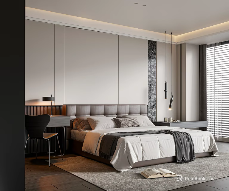 Elegant Modern Bedroom With Plush Bed Headboard Pendant Lights Nightstand And Window Blinds 3d model 