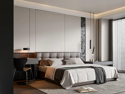 Elegant Modern Bedroom With Plush Bed Headboard Pendant Lights Nightstand And Window Blinds 3d model