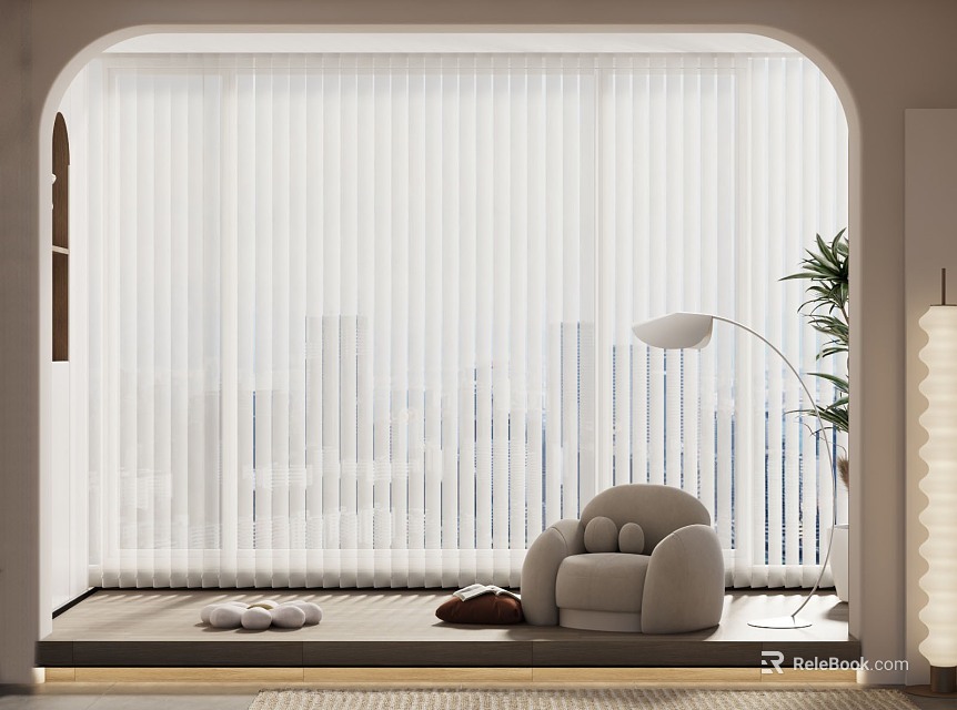 White Blinds in Arch Window Living Room With Sofa Floor Lamp and Plant 3d model 