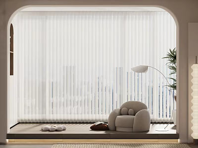 White Blinds in Arch Window Living Room With Sofa Floor Lamp and Plant 3d model