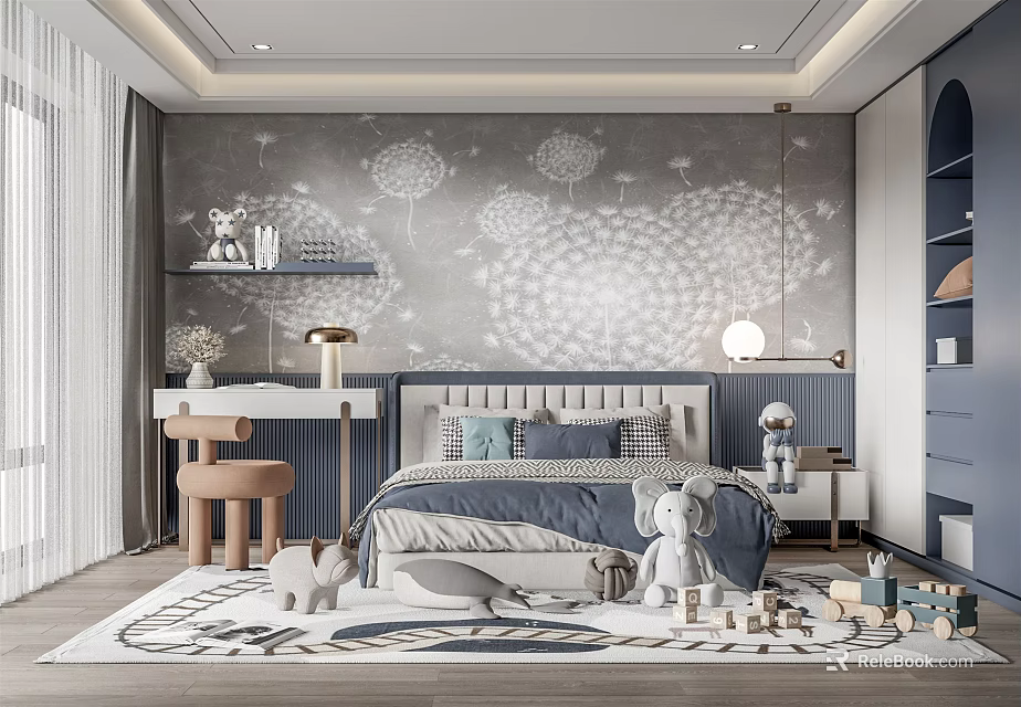 Cozy Kids Room Interior With Dandelion Wallpaper Stuffed Toys And Building Blocks 3d model 