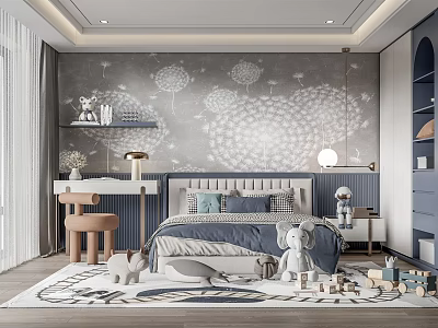 Cozy Kids Room Interior With Dandelion Wallpaper Stuffed Toys And Building Blocks 3d model
