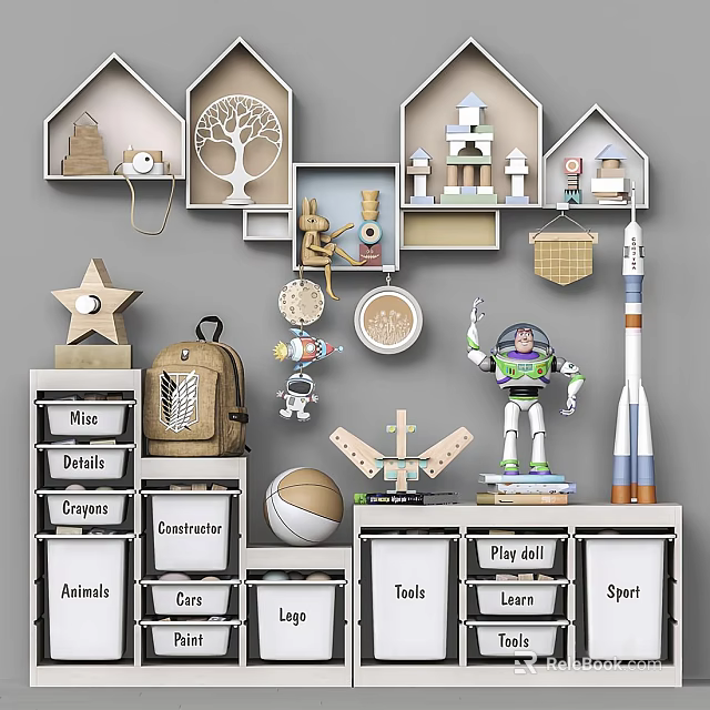 Kids Entryway Cabinet Sideboard With Toy Storage Bins And Organizer Shelves 3d model 