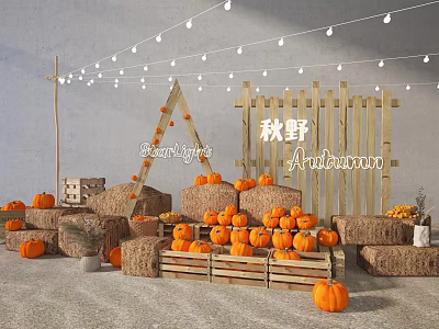 Autumn Themed Decorative Setup With Pumpkins Hay Bales Wooden Frame And String Lights 3d model