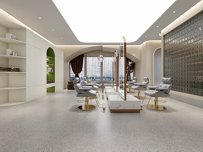 Modern Beauty Hair Salon Interior with Gray Chairs Mirrors White Shelves Green Plants Large Windows 3d model