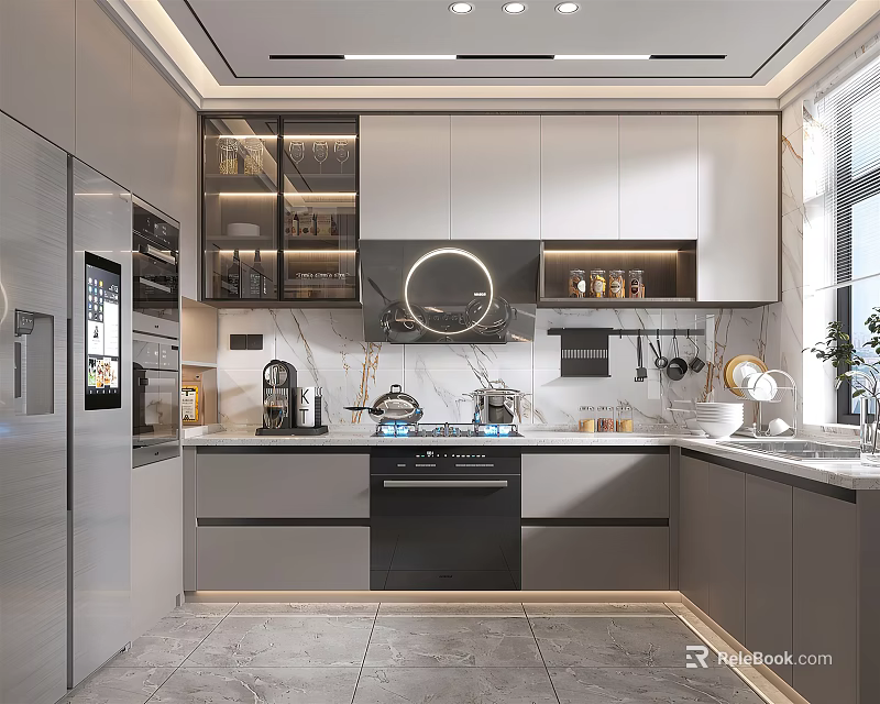 Modern Kitchen Interior Design With Stainless Steel Cabinets Countertop And Appliances 3d model 