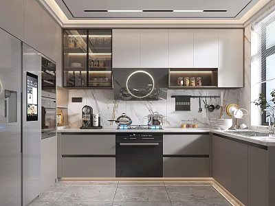 Modern Kitchen Interior Design With Stainless Steel Cabinets Countertop And Appliances 3d model