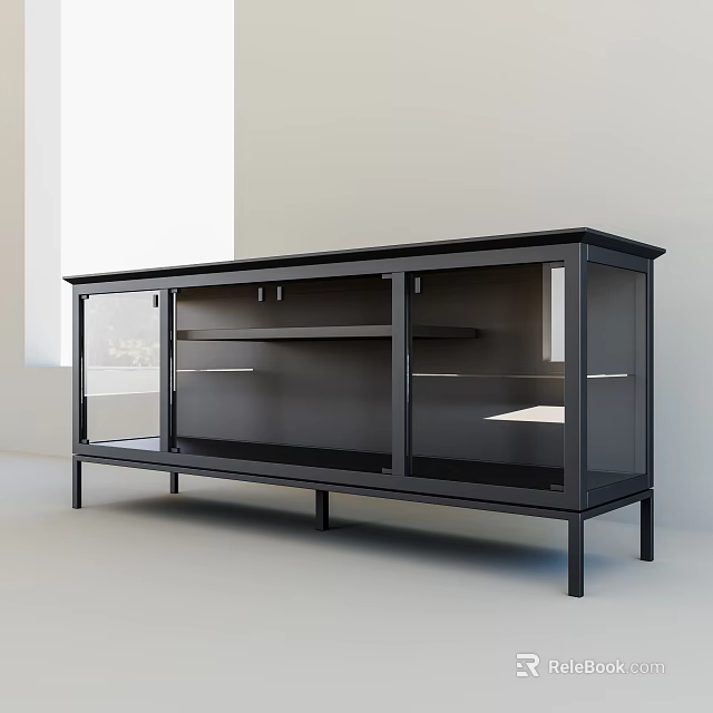 Black Modern Entryway Console Cabinet With Glass Doors Metal Frame Storage 3d model 