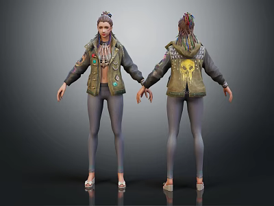 3D Character With Badge Jacket Skull Back Design Colorful Braids Tight Pants And Sandals 3d model