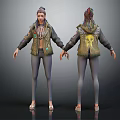 3D Character With Badge Jacket Skull Back Design Colorful Braids Tight Pants And Sandals