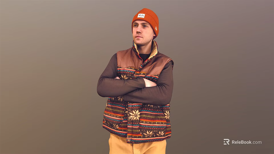 Man In Orange Beanie Patterned Vest Long Sleeve Shirt With Arms Crossed On Gray Background 3d model 