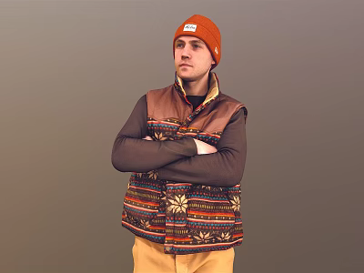 Man In Orange Beanie Patterned Vest Long Sleeve Shirt With Arms Crossed On Gray Background 3d model
