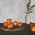 Fresh Oranges on Wooden Tray with Gray Countertop and Vase with Orange Berries