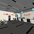 Modern Service Hall Interior With Service Counters Waiting Chairs And Digital Screens 3d model