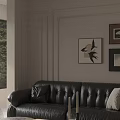 Elegant Warm Vintage Living Dining Room Interior With Black Leather Sofa And Panoramic French Window