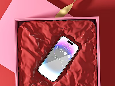 Smartphone In Pink Gift Box With Red Fabric And Screen Display Icons 3d model