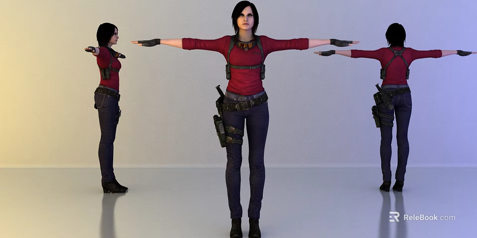 Game Movie Character Wearing Red Top Dark Pants With Utility Belt Arms Outstretched Multiple Angles 3d model 