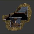 Ruined Medieval Stone House Model With Blue Roof Tiles And Wooden Staircase