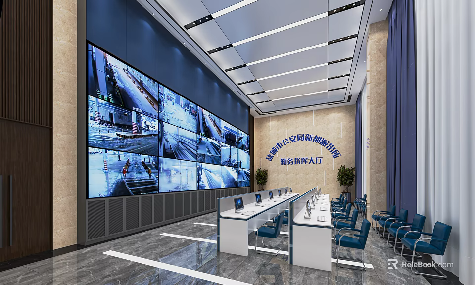 Modern Monitoring Room Interior Design With Large Surveillance Screens Control Desks And Chairs 3d model 
