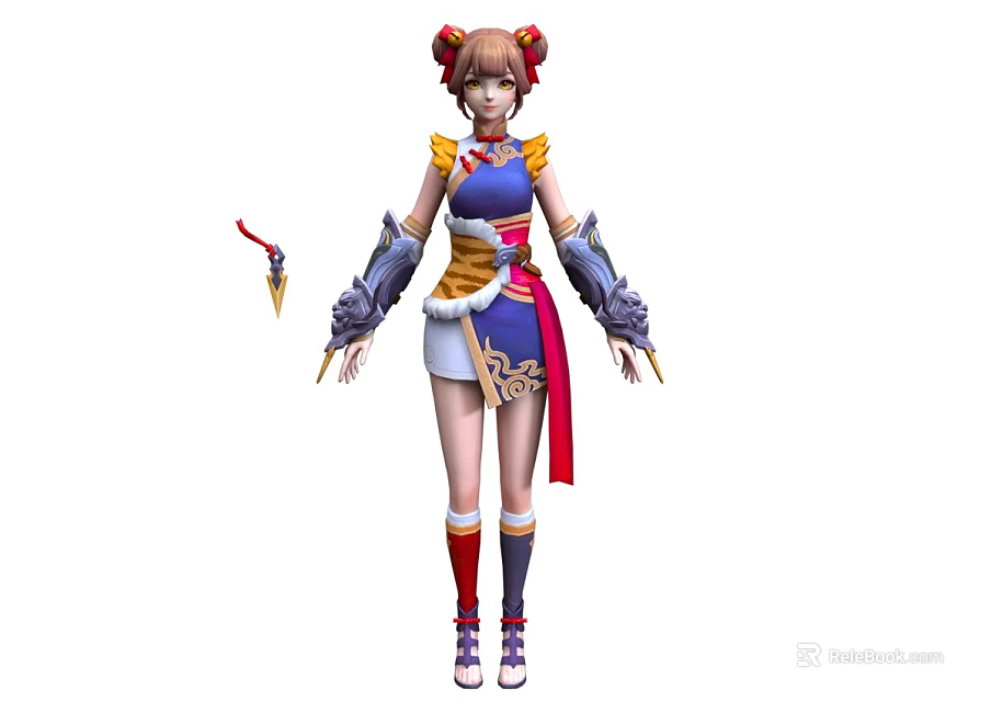 Woman in Traditional Outfit with Double Buns Hairstyle Arm Guards Short Skirt and Sword Accessory 3d model 