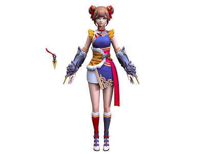 Woman in Traditional Outfit with Double Buns Hairstyle Arm Guards Short Skirt and Sword Accessory 3d model