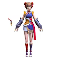 Woman in Traditional Outfit with Double Buns Hairstyle Arm Guards Short Skirt and Sword Accessory