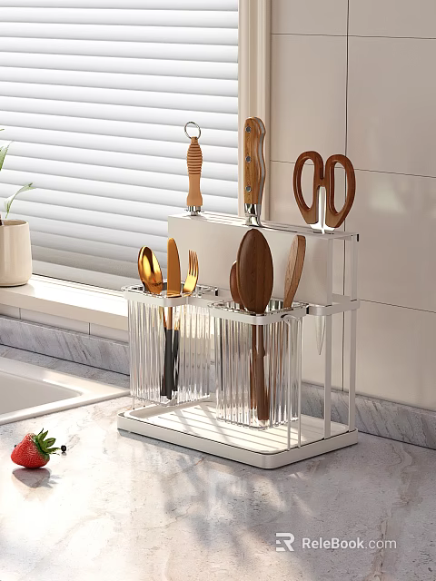 Stainless Steel Kitchen Utensil Holder With Transparent Compartments To Organize Cutlery 3d model 