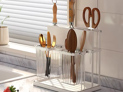 Stainless Steel Kitchen Utensil Holder With Transparent Compartments To Organize Cutlery 3d model
