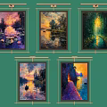 Five Framed Landscape Paintings on Green Wall with Water Reflections Sunset and Nature Scenes