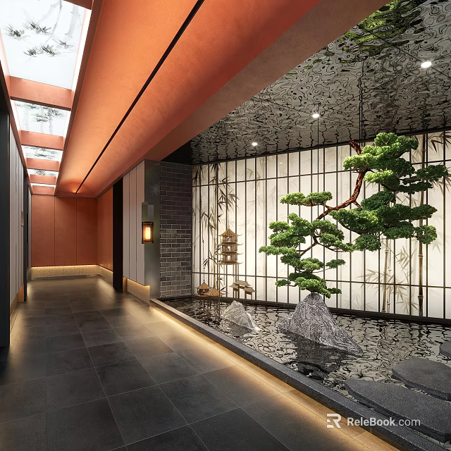 Elegant Hotel Corridor With Chinese Wooden Screen Pine Bamboo Stone Water Feature And Warm Lighting 3d model 