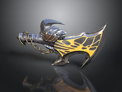 Decorative Battle Axe With Metallic Finish Golden Patterns Dragon Head Handle Chain And Sharp Blade 3d model
