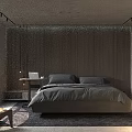 Modern Bedroom With Wooden Walls Gray Bed Linens Laptop On Side Table And Hanging Lights